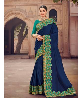 violet embroidered satin saree with blouse 1
