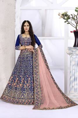 Blue embroidered silk semi stitched lehenga with dupatta 1