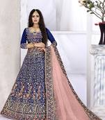 Blue embroidered silk semi stitched lehenga with dupatta