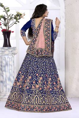 Blue embroidered silk semi stitched lehenga with dupatta 3