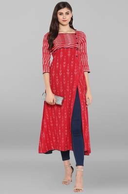 Janasya Red printed cotton kurta 1