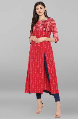 Janasya Red printed cotton kurta 2