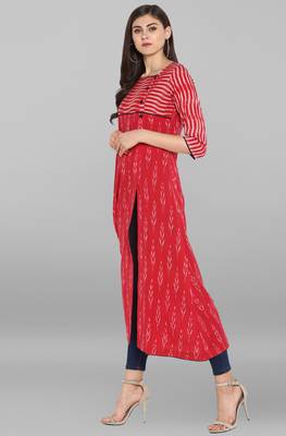Janasya Red printed cotton kurta 3