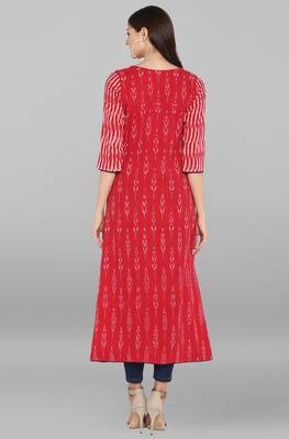 Janasya Red printed cotton kurta 5