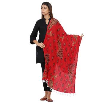 Red Cotton Block print Dupatta 1