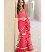 Dark Pink gold gotta border net ruffle saree with embroidered blouse
