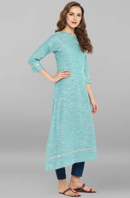 Janasya Sea-green plain cotton kurta 4