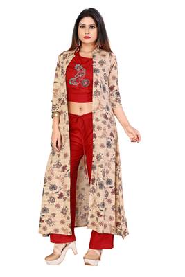 Maroon Color Rayon Fabric Print And Embroidery Work Kurti With Plaazo Set For Women 1