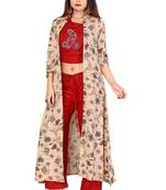 Maroon Color Rayon Fabric Print And Embroidery Work Kurti With Plaazo Set For Women
