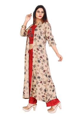 Maroon Color Rayon Fabric Print And Embroidery Work Kurti With Plaazo Set For Women 3