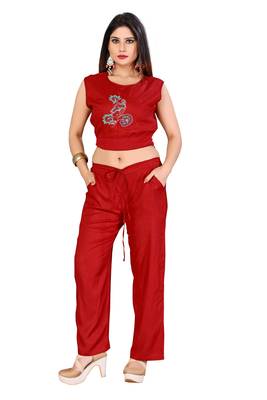 Maroon Color Rayon Fabric Print And Embroidery Work Kurti With Plaazo Set For Women 4