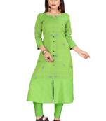 Parrot Green Color Cotton Fabric Embroidery And Weave Kurti For Women