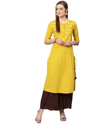 Yellow embroidered cotton long-kurtis 1