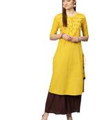 Yellow embroidered cotton long-kurtis
