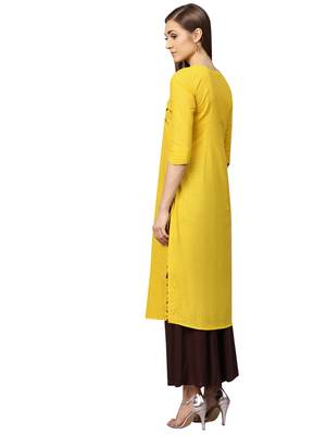 Yellow embroidered cotton long-kurtis 2