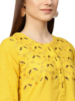 Yellow embroidered cotton long-kurtis 3