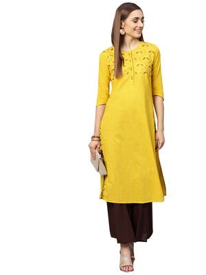 Yellow embroidered cotton long-kurtis 4