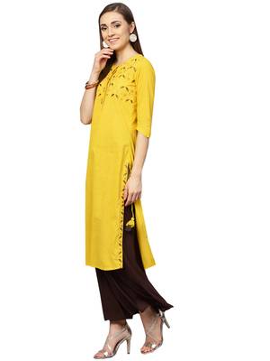 Yellow embroidered cotton long-kurtis 5