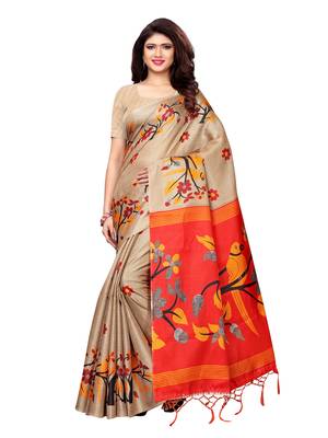 Beige Printed Art Silk Saree With Blouse 1