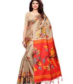 Beige Printed Art Silk Saree With Blouse