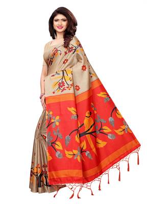 Beige Printed Art Silk Saree With Blouse 2