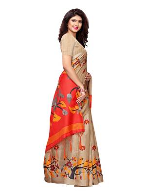 Beige Printed Art Silk Saree With Blouse 3