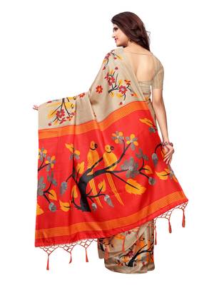 Beige Printed Art Silk Saree With Blouse 4