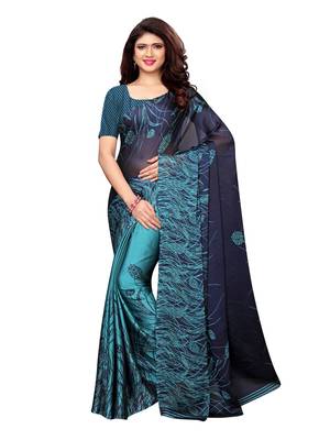 Turquoise Printed Shimmer Saree With Blouse 1