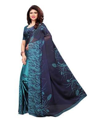 Turquoise Printed Shimmer Saree With Blouse 2