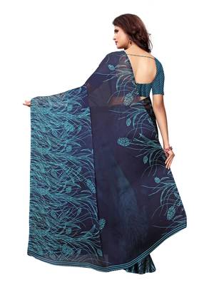 Turquoise Printed Shimmer Saree With Blouse 4