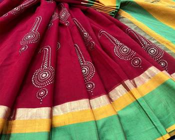 Red & Green Block Printed Handloom Maheshwari Silk Saree With Blouse 1