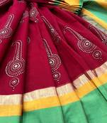 Red & Green Block Printed Handloom Maheshwari Silk Saree With Blouse