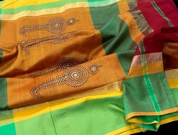 Red & Green Block Printed Handloom Maheshwari Silk Saree With Blouse 2