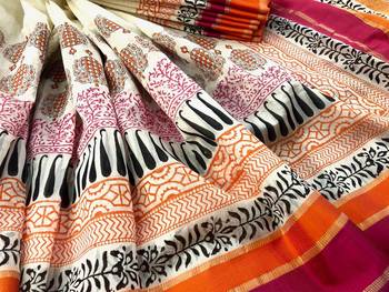 White Block Printed Handloom Maheshwari Silk Saree With Blouse 1