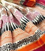 White Block Printed Handloom Maheshwari Silk Saree With Blouse