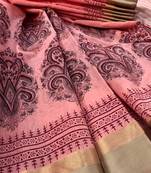 Peach Block Printed Handloom Maheshwari Silk Saree With Blouse