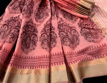 Peach Block Printed Handloom Maheshwari Silk Saree With Blouse 3