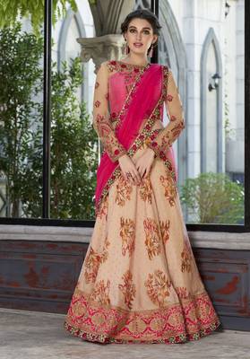 Peach Embroidered Silk Semi Stitched Lehenga With Dupatta 1