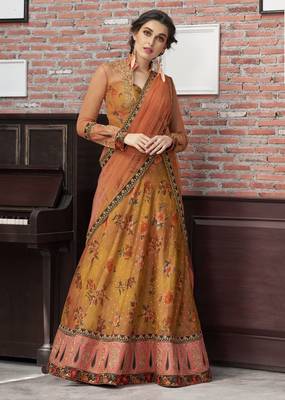 Mustard Embroidered Silk Semi Stitched Lehenga With Dupatta 1