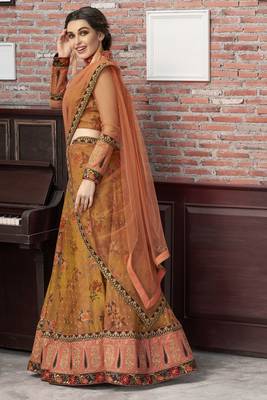 Mustard Embroidered Silk Semi Stitched Lehenga With Dupatta 3