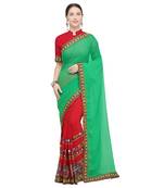 Red embroidered georgette saree with blouse