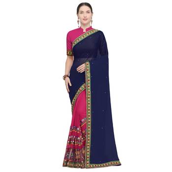 Pink embroidered georgette saree with blouse 1