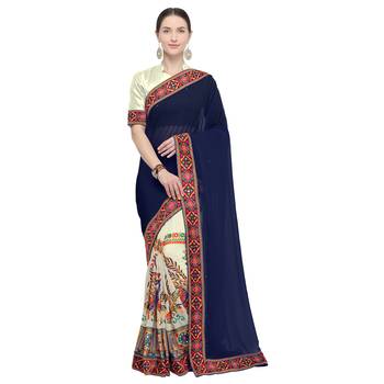 Off white embroidered georgette saree with blouse 1