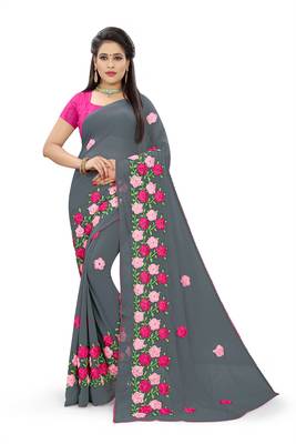 Grey embroidered georgette saree with blouse 1