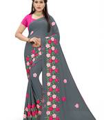 Grey embroidered georgette saree with blouse
