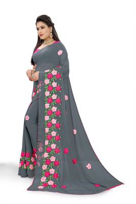 Grey embroidered georgette saree with blouse 2