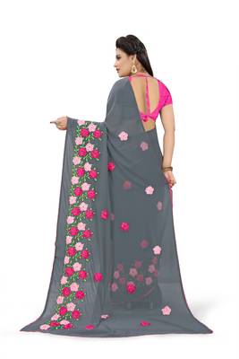 Grey embroidered georgette saree with blouse 3