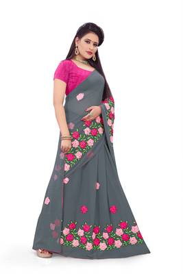 Grey embroidered georgette saree with blouse 4