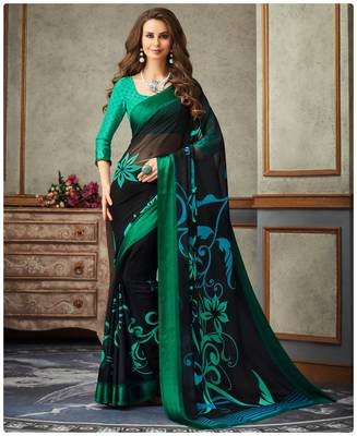 Black printed chiffon saree with blouse 1
