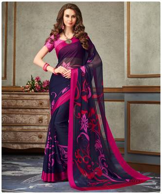 Blue printed chiffon saree with blouse 1